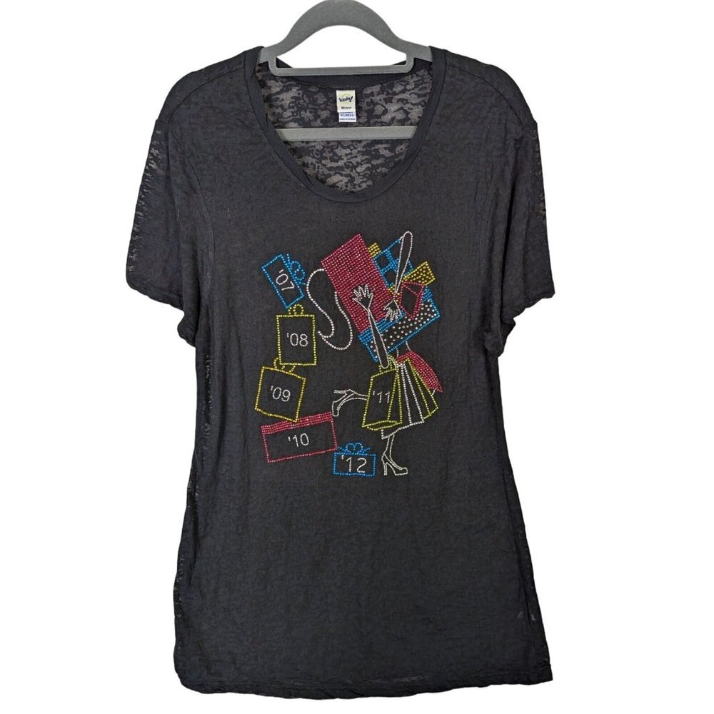 Kavio! Women size XL Sheer Black Bedazzled Shopping Lady Bags Whimsical T-shirt